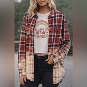 Upcycled Handmade Bleached Plaid Shirt Button Down Distressed Shirt Flannel
